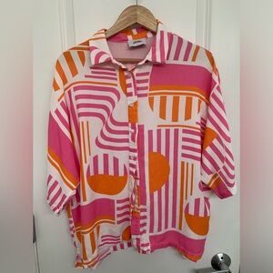 Vibrant Pink & Orange Geo Print Button-Up Shirt, Vacation resort wear